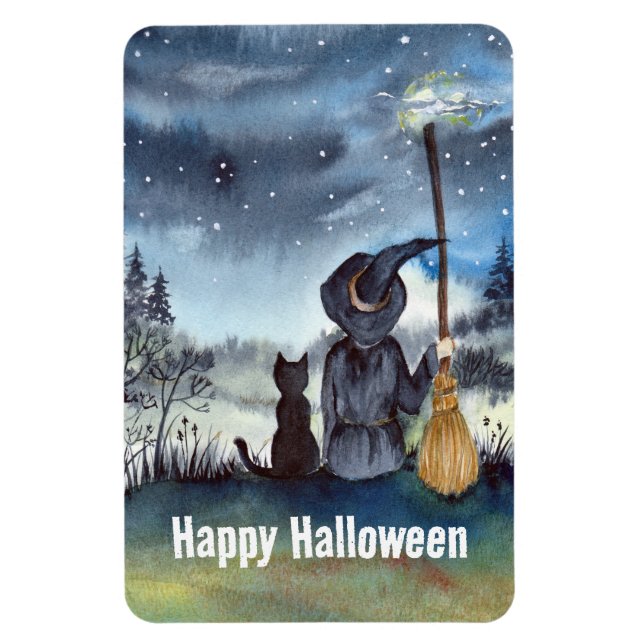 Magnet Flexible Halloween Chat noir et la Sorcière étoile nuit (Vertical)