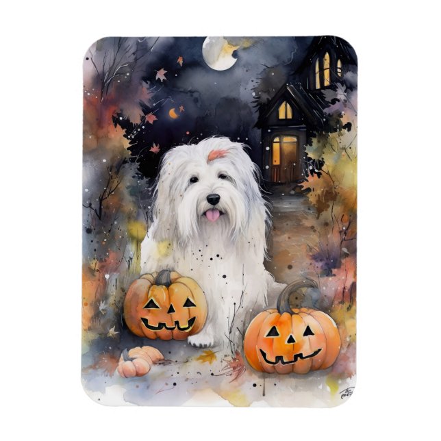 Magnet Flexible Halloween vieux chien anglais avec la peur Citroui (Vertical)