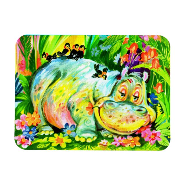 Magnet Flexible hippopotame et oiseaux aux couleurs vives (Horizontal)