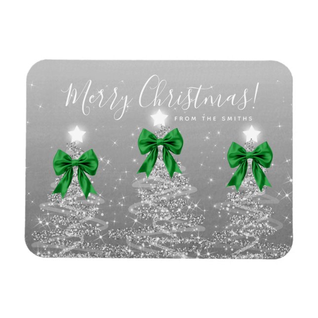 Magnet Flexible Holiday Silver Christmas Trees Greeting Green  (Horizontal)