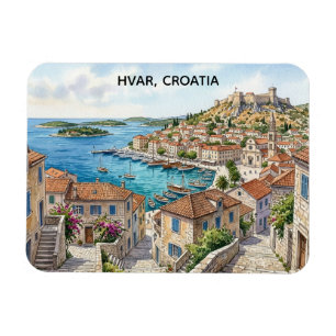 Magnet Flexible Hvar Croatie Vue panoramique à l'aquarelle Voyage
