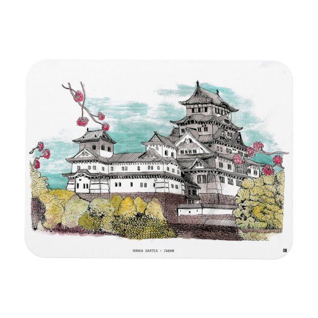 Magnet Flexible Illustration de l'aquarelle japonaise du château d (Horizontal)