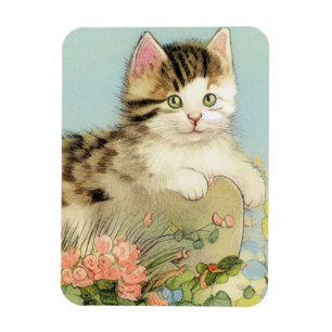 Magnet Flexible Illustration vintage de chat avec fleurs roses
