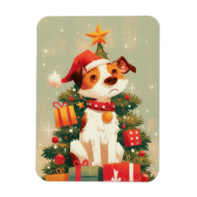 Jack Russell Terrier with Christmas Tree and Gifts