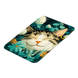 Magnet Flexible Jardin de fleurs de chat endormi aquarelle abeille