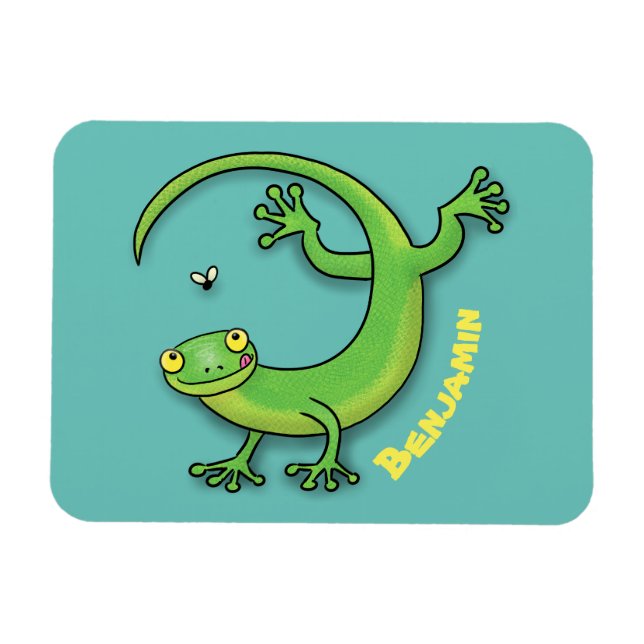 Magnet Flexible Joli gecko vert salutations avec dessin animé (Horizontal)