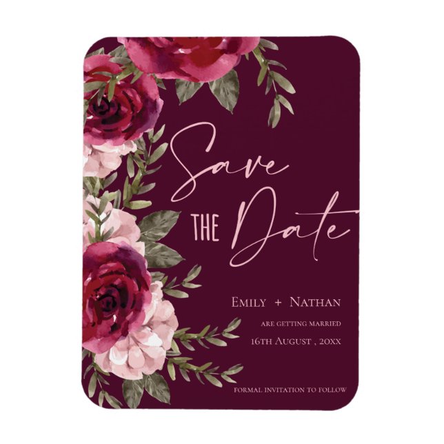 Magnet Flexible Joli Mariage Floral Burgundy Pêcher Sauvez la date (Vertical)