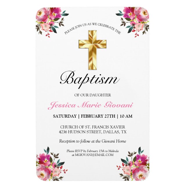 Magnet Flexible Joli PInk Floral Gold Cross Baptism Invitation (Vertical)