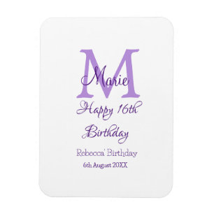 Magnet Flexible Joyeux 16e anniversaire violet ajouter nom monogra