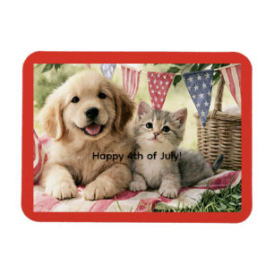 Magnet Flexible Joyeux 4 juillet, joli chiot et chat tigré,