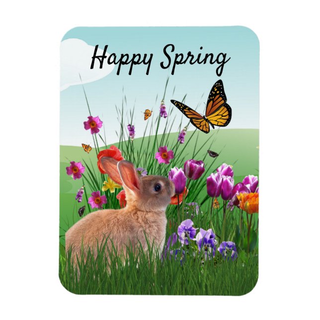 Magnet Flexible Joyeux lapin de printemps dans le jardin de fleurs (Vertical)