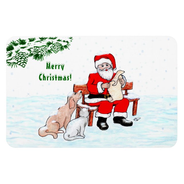 Magnet Flexible Joyeux Noël! Père Noël avec chat et chien (Horizontal)