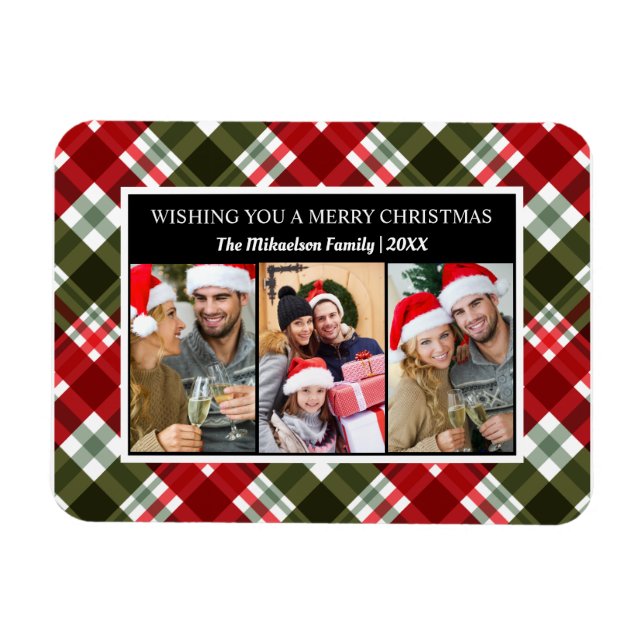 Magnet Flexible Joyeux Noël Plaid Tartan Photo Collage (Horizontal)