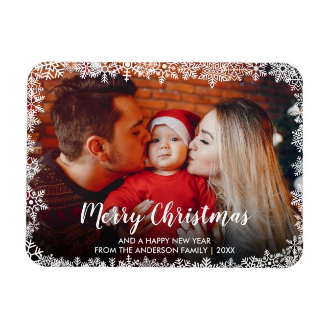 Magnet Flexible Joyeux Noël Script Snowflakes Photo (Horizontal)