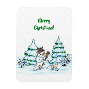 Magnet Flexible Joyeux Noël ! Snowman avec chat et chiot