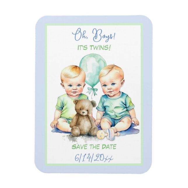Magnet Flexible Jumeaux Garçons Baby Shower Save the Date (Vertical)