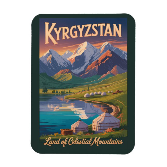 Magnet Flexible Kyrgyzstan Mountains Illustration Travel Art Vinta (Vertical)