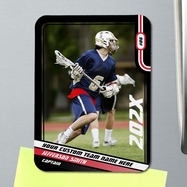 Magnet Flexible Lacrosse Player Trading Card en rouge noir (Lacrosse Player Magnet in Black with Custom Team Name and Red White Elements)