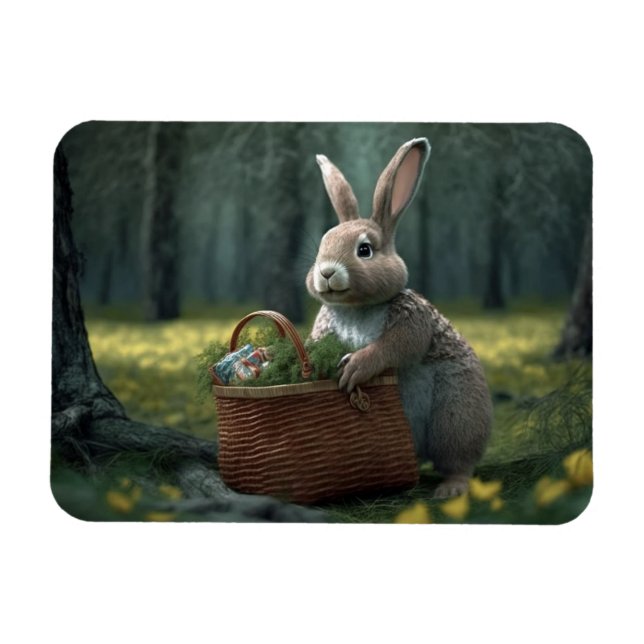 Magnet Flexible Lapin avec panier dans l'aimant de bois (Horizontal)