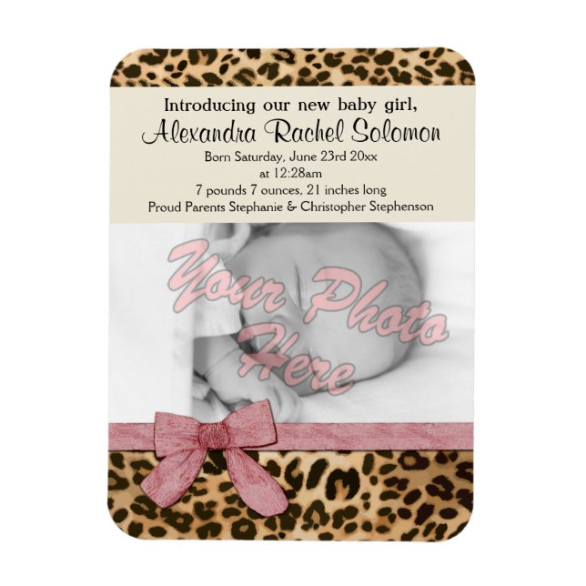 Magnet Flexible Leopard Rose Bow Girl Baby Faire-part de naissance (Vertical)