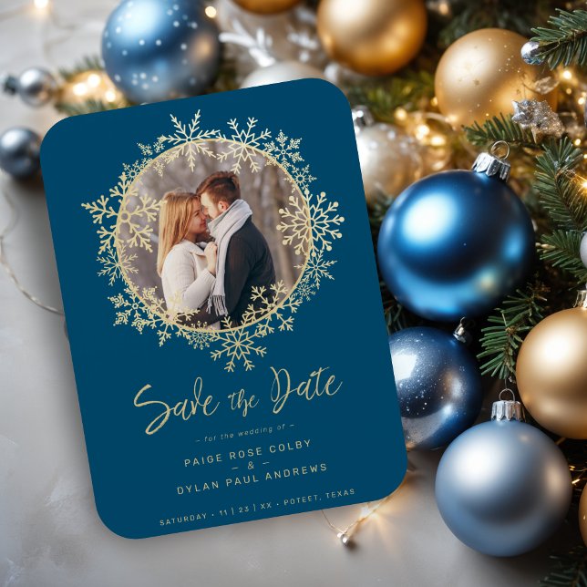 Magnet Flexible Lovely Gold Snowflakes Wreath Photo Mariage (Lovely Gold Snowflakes Wreath Photo Frame Wedding Magnets as a Save the Dates Cards.)