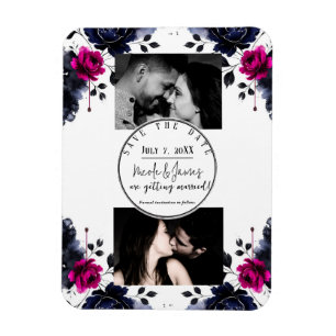 Magnet Flexible Magenta Rose Bleu Encre Floral Aquarelle Sauvegard