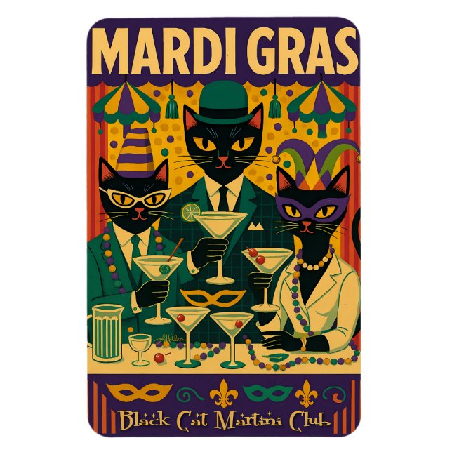 Magnet Flexible Mardi Gras Black Cat Martini Club Trio (Vertical)