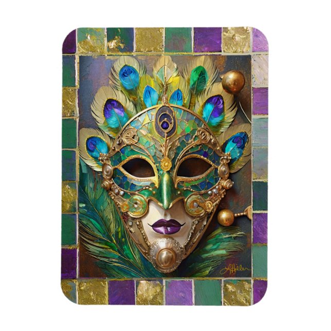 Magnet Flexible Mardi Gras Gold Ceramic Peacock Feature Masque (Vertical)