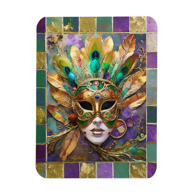 Magnet Flexible Mardi Gras Gold et vert Peacock Feature Masque (Vertical)