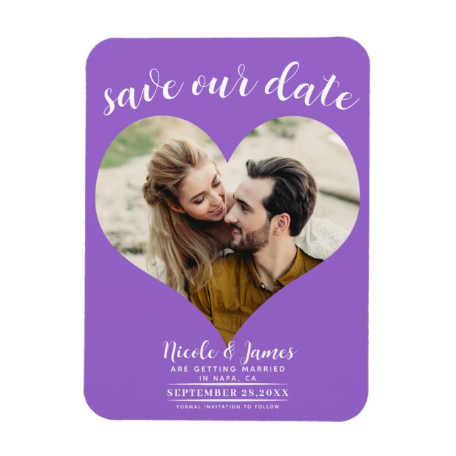 Magnet Flexible Mariage de photos de coeur violet Enregistrer la d (Vertical)