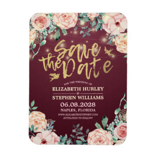 Magnet Flexible Mariage Enregistrer La Date Bourgogne Floral Chaîn