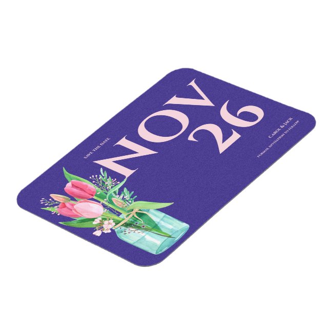 Magnet Flexible Mariage floral violet et blanc Enregistrer la date (Côté Gauche)