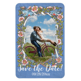 Magnet Flexible Mariage photo floral aux oiseaux bleu clair Date d
