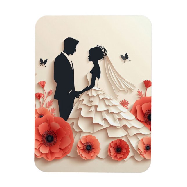 Magnet Flexible Mariée et marié en papier découpé avec des fleurs (Vertical)