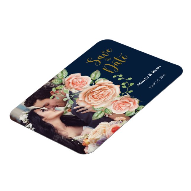 Magnet Flexible Marine Blue Gold Photo Wedding Enregistrer la date (Côté Gauche)