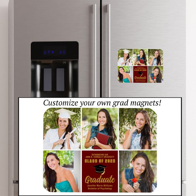 Magnet Flexible Maroon Gold Graduate Photo Collage Chic Graduate (Créateur téléchargé)