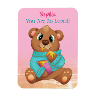 Magnet Flexible Mignonne Ours Manger Miel, Nom/Message de l'enfant