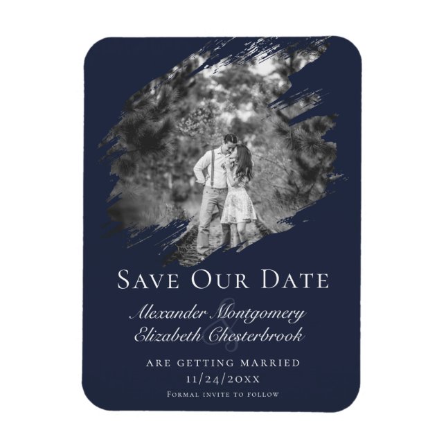 Magnet Flexible Modern Brushstroke Photo Save the Date Navy Blue (Vertical)