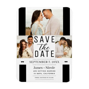Magnet Flexible Moderne Blanc Noir Save the Date 3 Photo Mariage 
