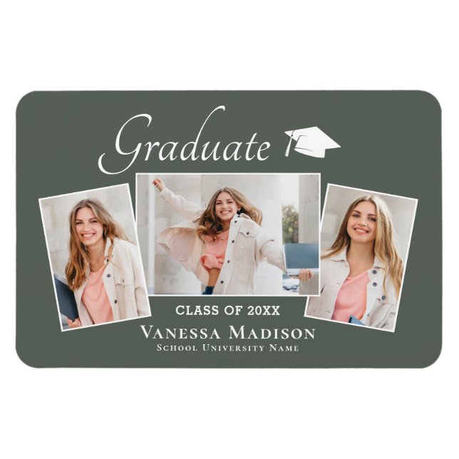 Magnet Flexible Moderne | Elegant 3 Photo Grad Faire-part (Horizontal)