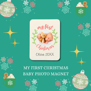 Magnet Flexible Mon 1er Noël Baby Name PHOTO Wreath Holiday