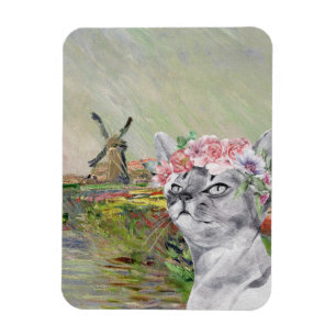 Magnet Flexible Monet Champ Tulipes et Chat fantaisie