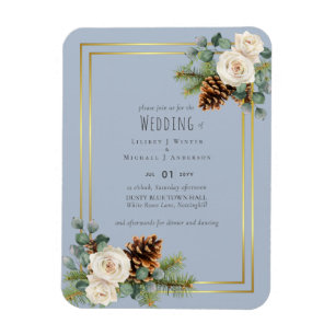 Magnet Flexible Noces d'hiver Roses blanches Bleu poussiéreux or