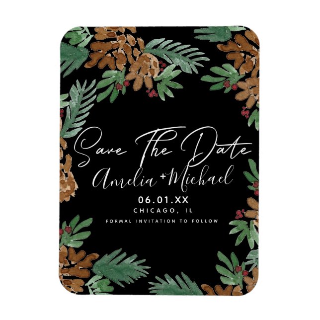 Magnet Flexible Noël Aquarelle Pinecones Noir Enregistrer la date (Vertical)