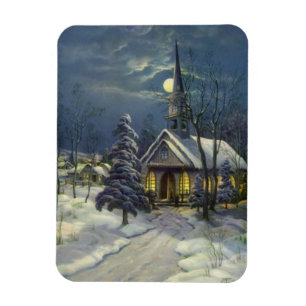 Magnet Flexible Noël Vintage, Église d'hiver en Neige avec Lune