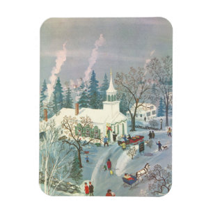 Magnet Flexible Noël vintage, gens allant à l'église dans la neige