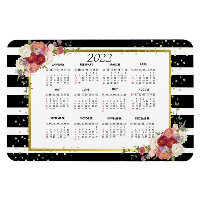 Magnet Flexible Noir Blanc rayé Floral Or | Calendrier 2022 (Horizontal)