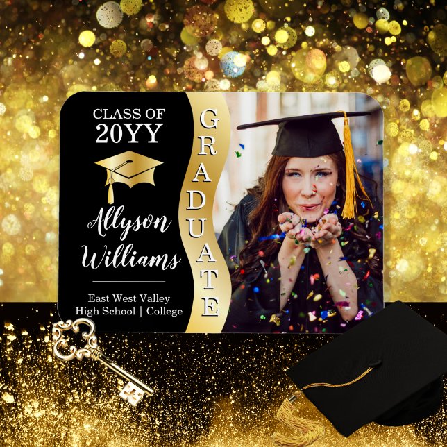 Magnet Flexible Noir | Gold Graduate Wave Grad Casquette photo (Black and Gold Tone Graduate Wave Grad Cap Photo Magnet)
