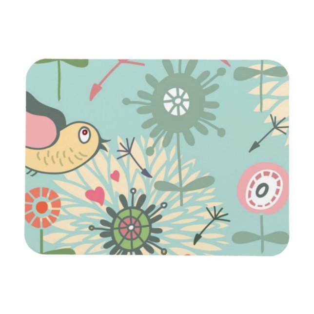 Magnet Flexible Oiseaux illustrés et fleurs printanières (Horizontal)