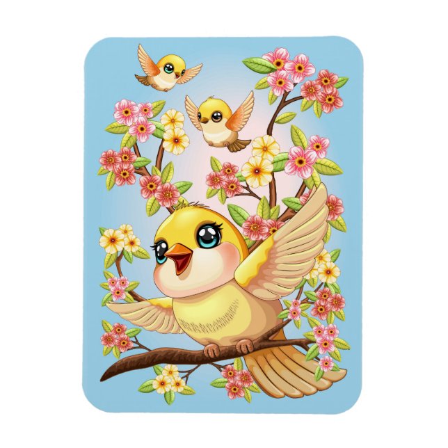 Magnet Flexible Oiseaux mignons et heureux parmi les fleurs du pri (Vertical)